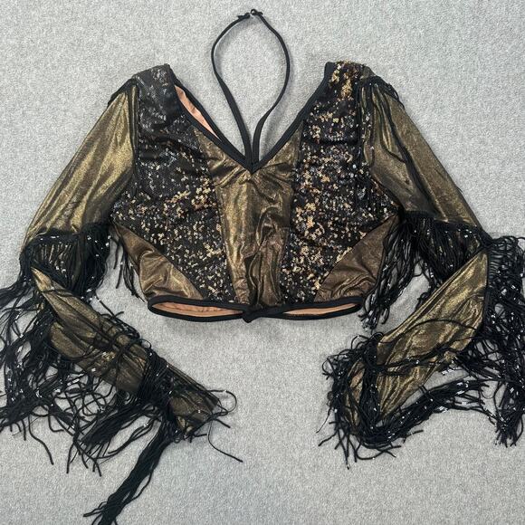 Revolution 10th House Dance Costume Top Size MA TH25247 Black Gold Sequin Fringe - Picture 1 of 9